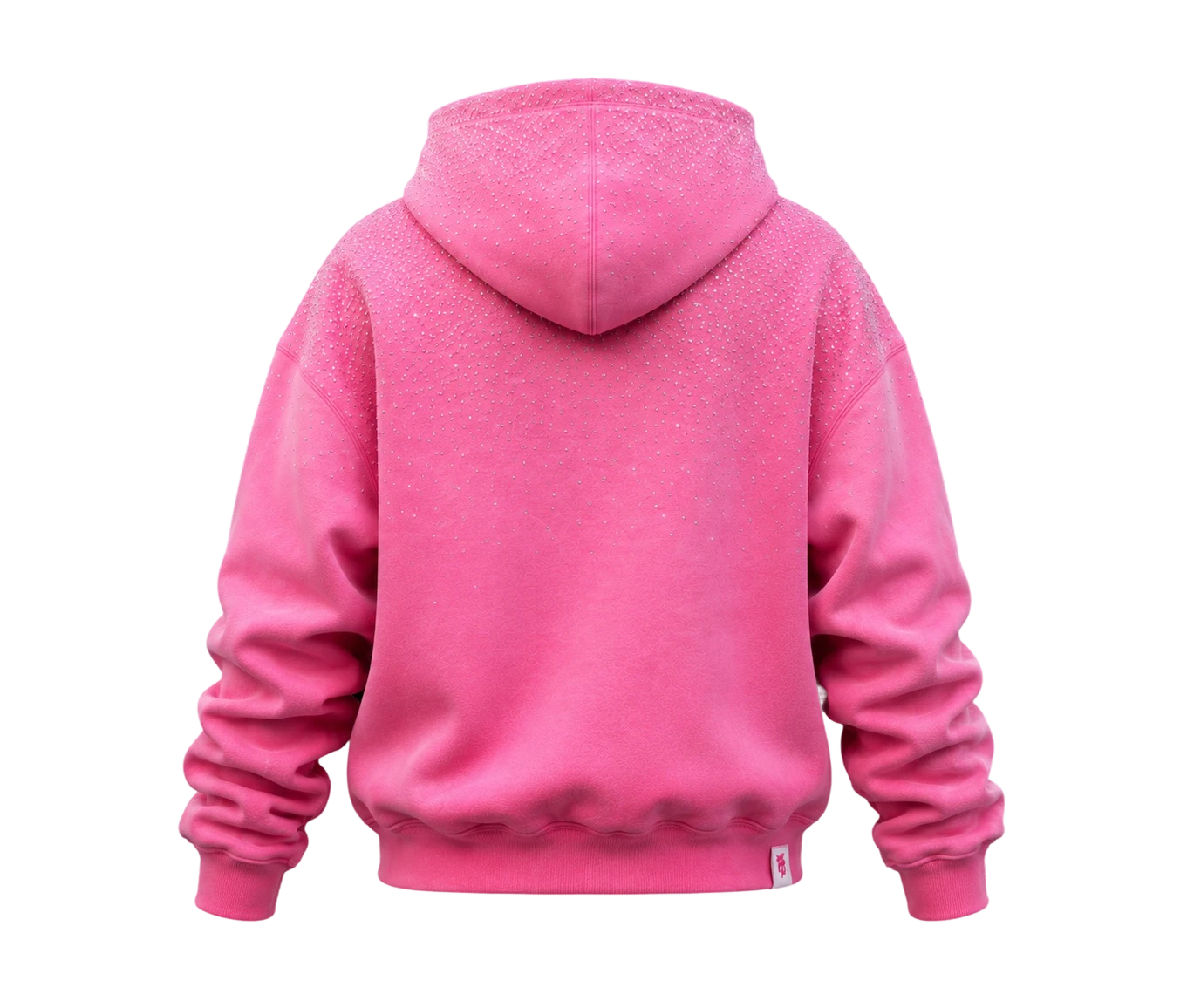 Hoodie — back of the pink rhinestone hoodie, rhinestone cascade over the hood and shoulders
