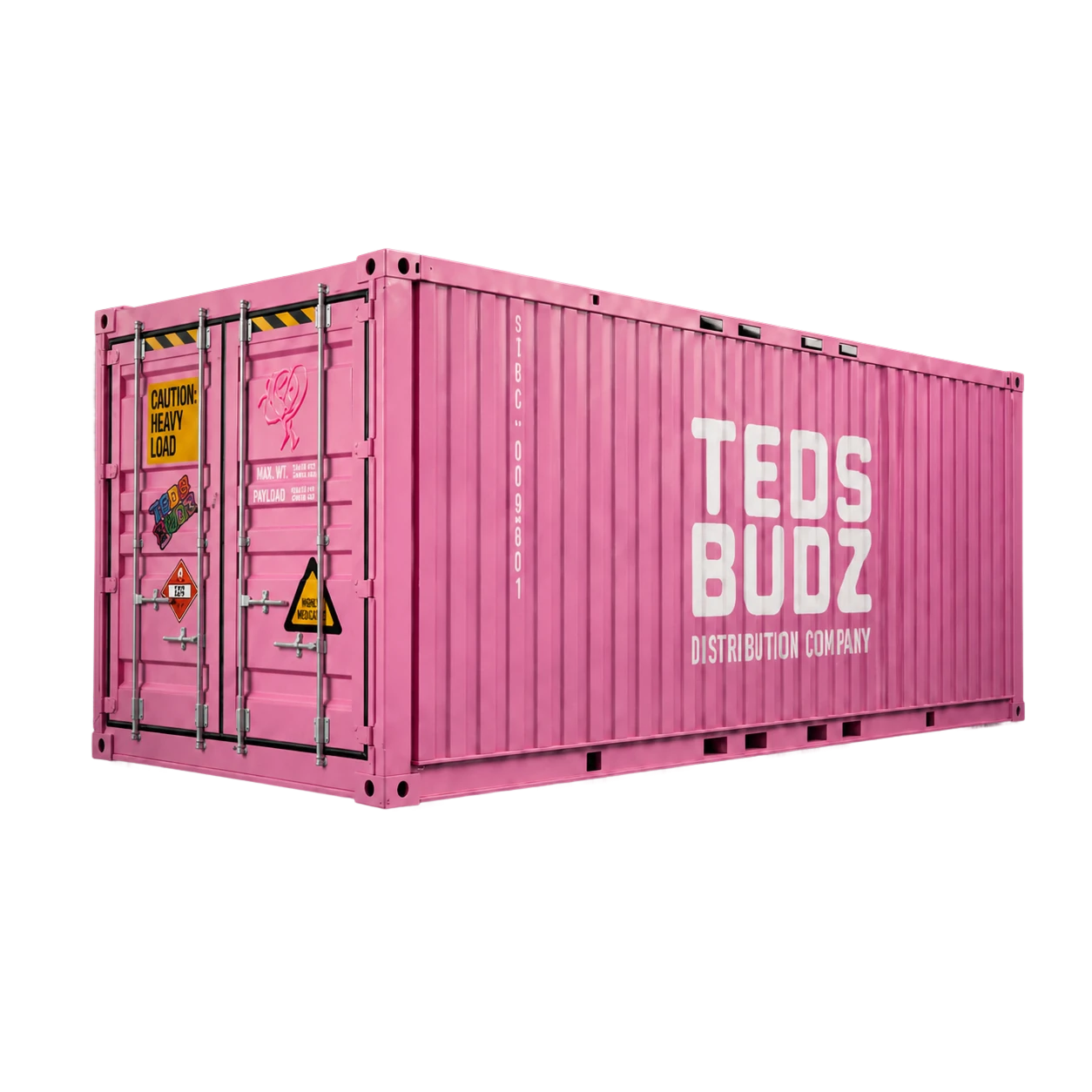 Cargo Box — pink Teds Budz Distribution Company shipping container, angled view