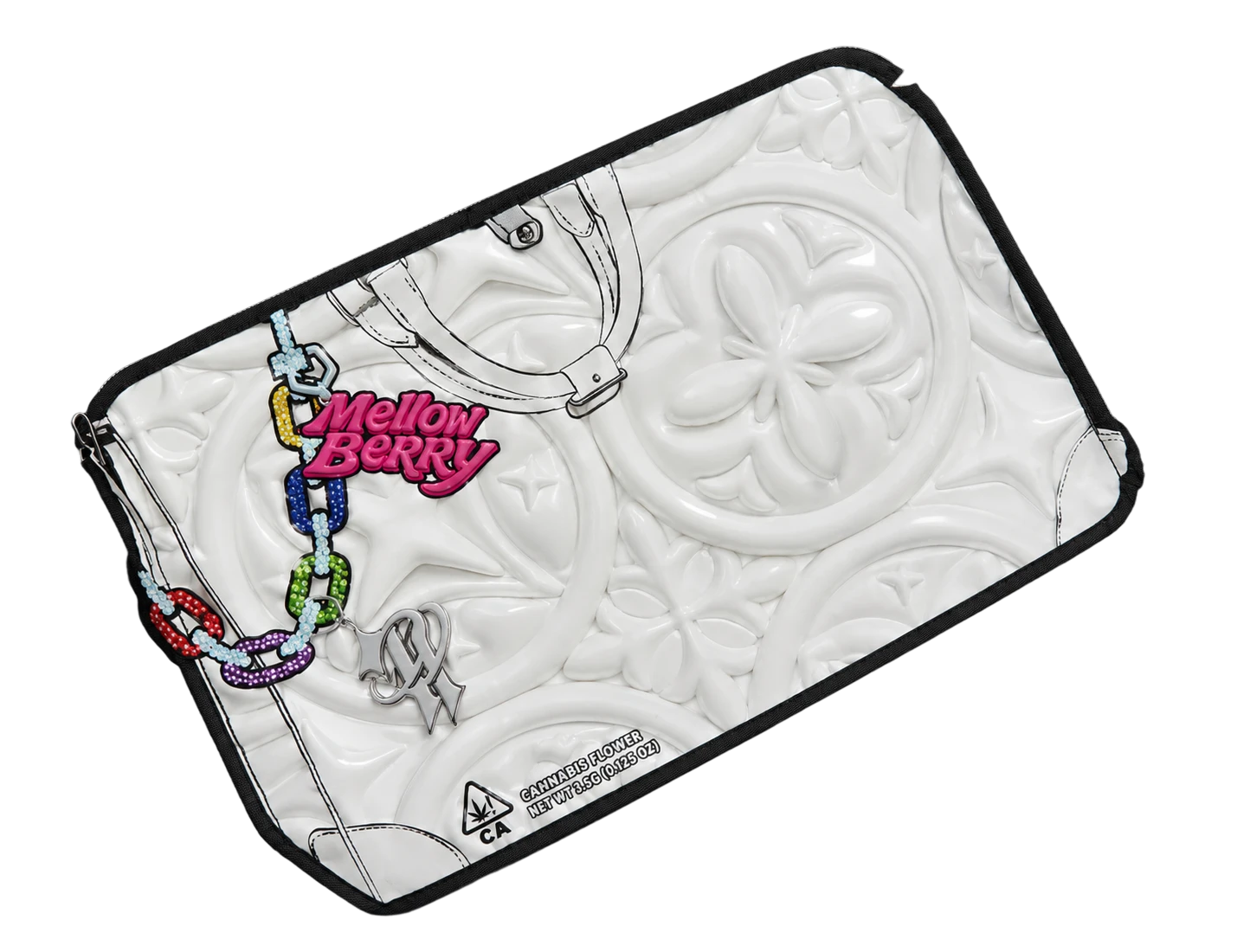 Eighth Pack — white monogram-embossed mylar bag with the Mellow Berry mark and beaded chain charm