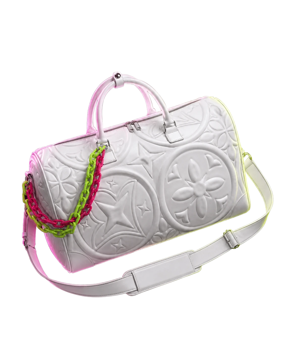 Marshmallow Duffle — white embossed leather duffle with pink and green neon chain