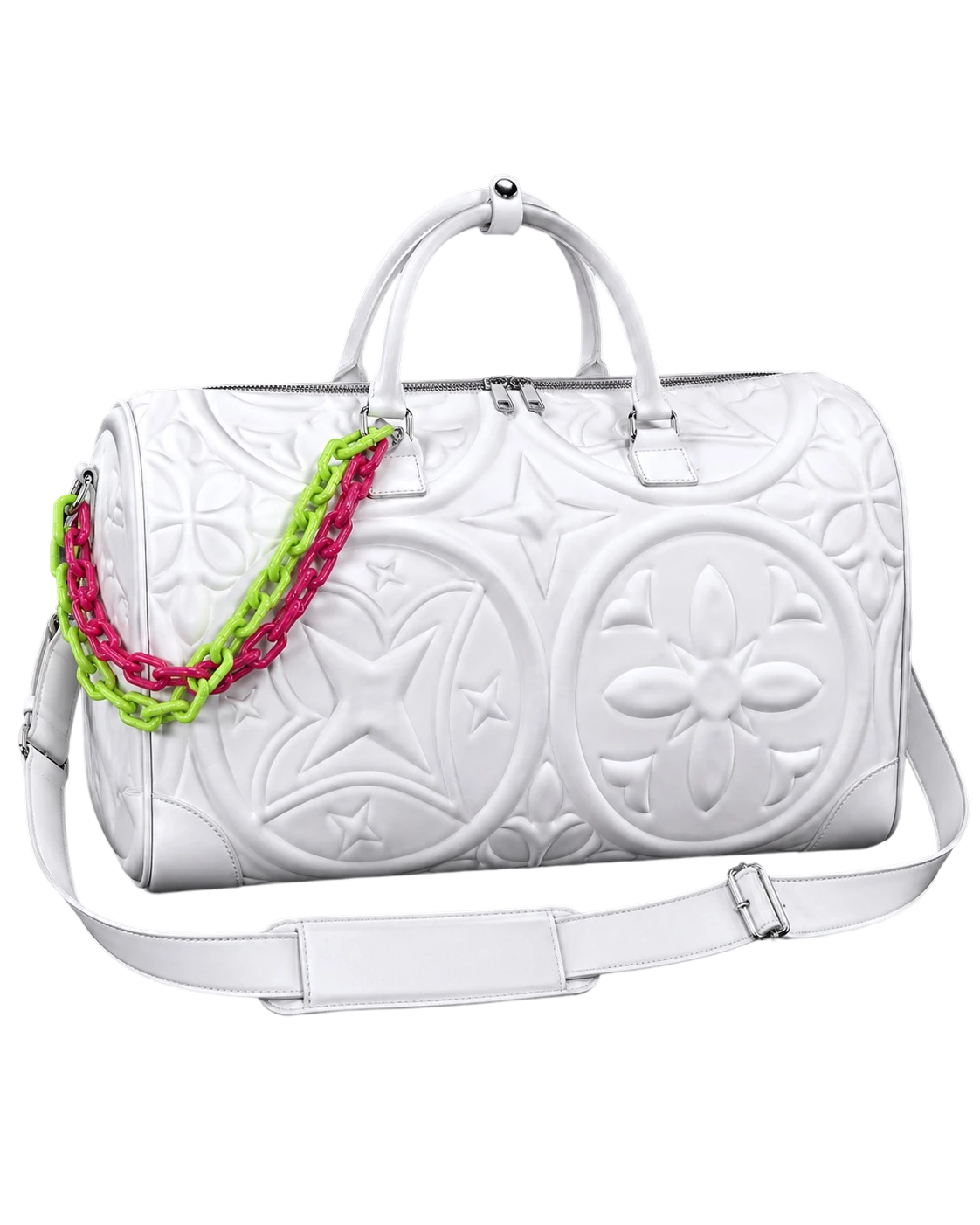Marshmallow Duffle — alternate view of the embossed leather duffle with neon chain