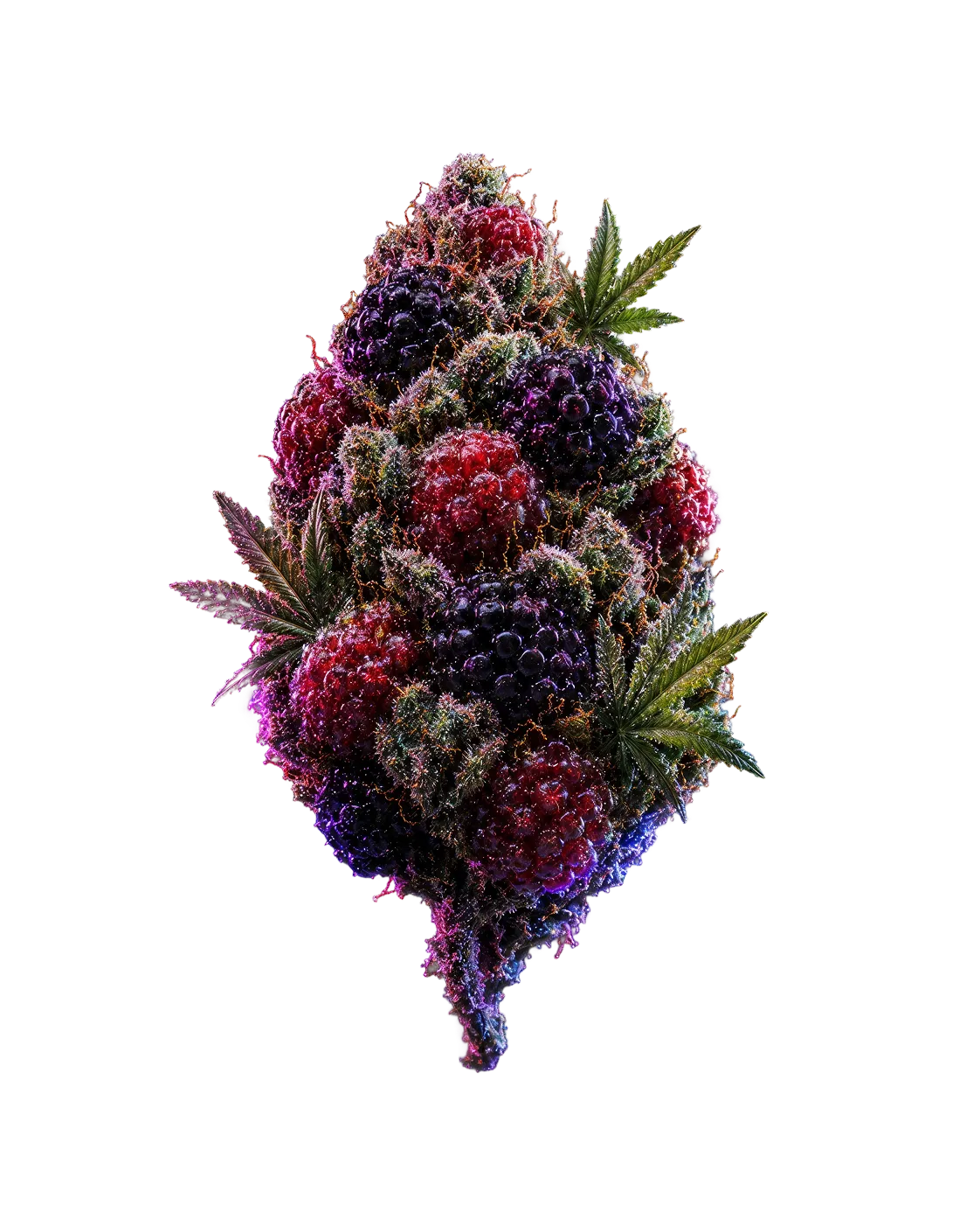 Mellow Berry strain — frosted berry-cluster cannabis flower, rim-lit render
